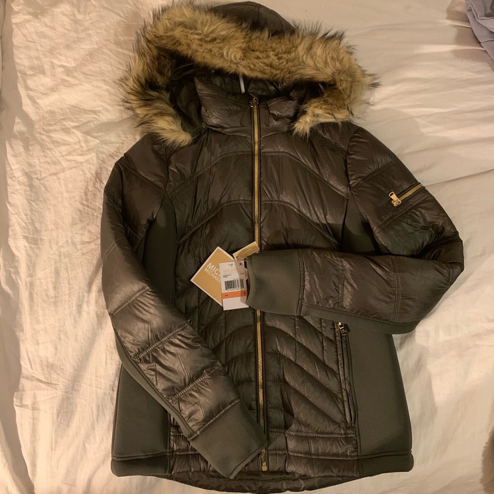 NWT! Michael Kors Faux Fur Olive Green jacket